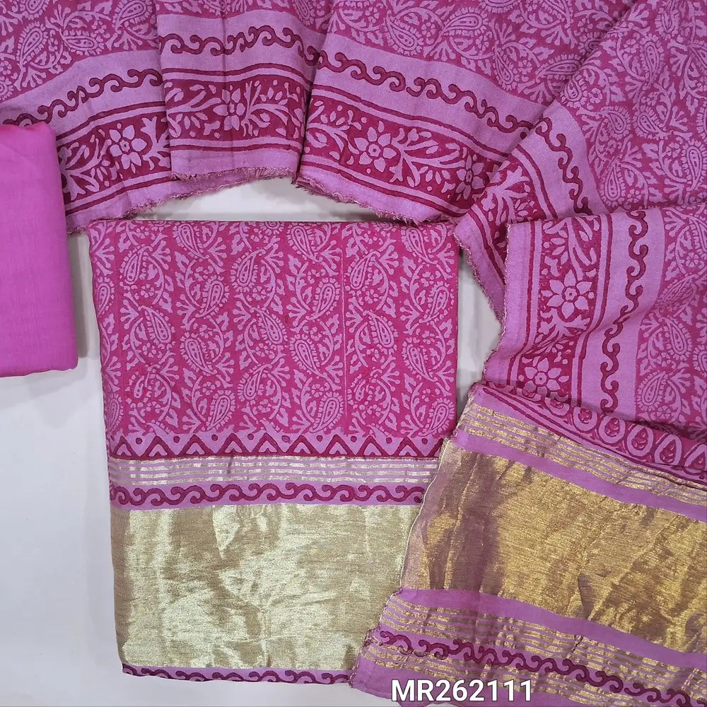 Pink block printed fancy silk cotton unstitched salwar material(lining needed) gold tissue borders on daman, matching silk cotton bottom, hand block printed fancy silk cotton dupatta with gold tissue pallu. MR262111