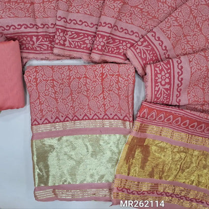 Pastel peach block printed fancy silk cotton unstitched salwar material(lining needed) gold tissue borders on daman, matching silk cotton bottom, hand block printed fancy silk cotton dupatta with gold tissue pallu. MR262114