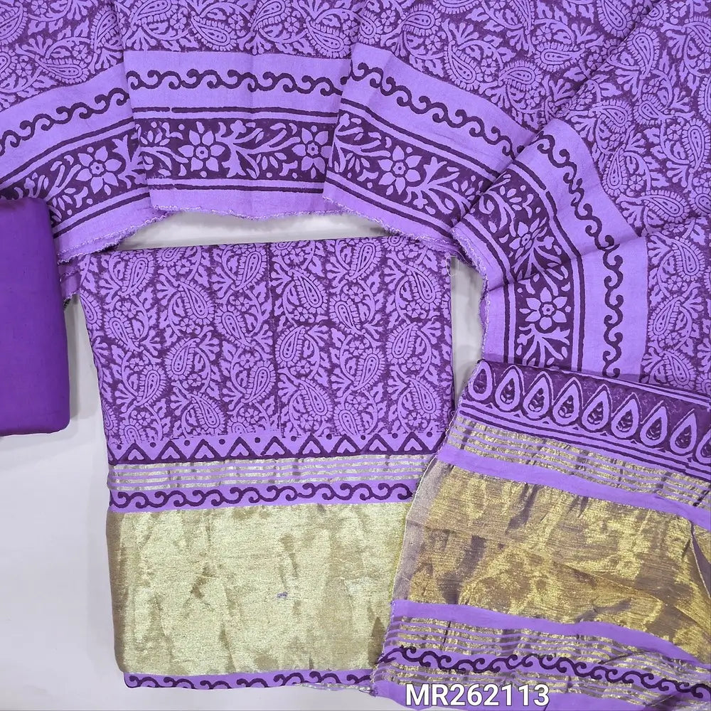 Purple shade block printed fancy silk cotton unstitched salwar material(lining needed) gold tissue borders on daman, matching silk cotton bottom, hand block printed fancy silk cotton dupatta with gold tissue pallu. MR262113