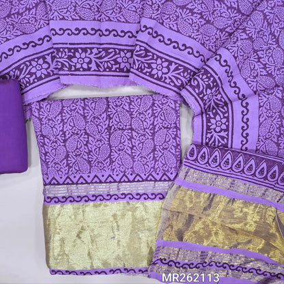 Purple shade block printed fancy silk cotton unstitched salwar material(lining needed) gold tissue borders on daman, matching silk cotton bottom, hand block printed fancy silk cotton dupatta with gold tissue pallu. MR262113