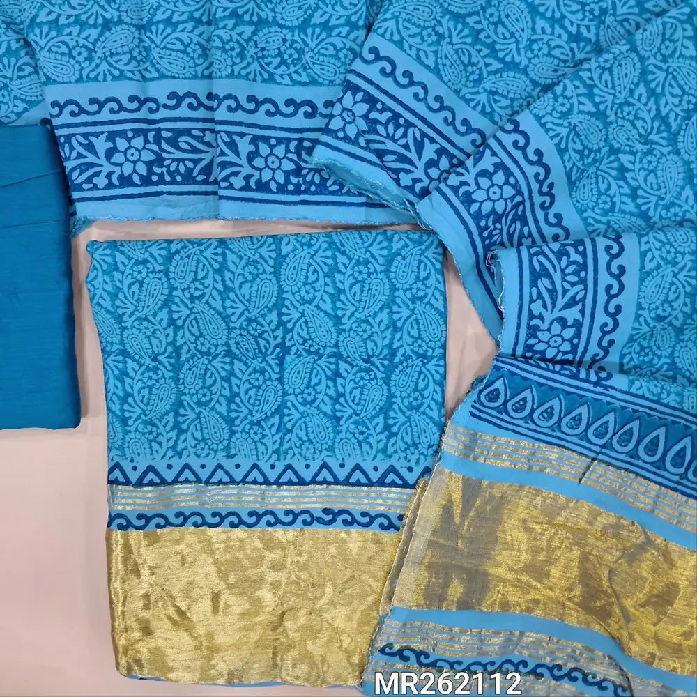 Blue shade block printed fancy silk cotton unstitched salwar material(lining needed) gold tissue borders on daman, matching silk cotton bottom, hand block printed fancy silk cotton dupatta with gold tissue pallu. MR262112