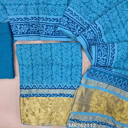 Blue shade block printed fancy silk cotton unstitched salwar material(lining needed) gold tissue borders on daman, matching silk cotton bottom, hand block printed fancy silk cotton dupatta with gold tissue pallu. MR262112