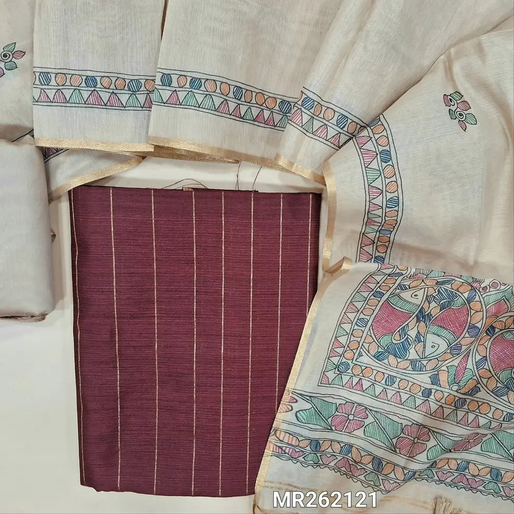 Dark maroon fancy silk cotton unstitched salwar material (textured, lining needed) zari lines all over, beige spun cotton bottom, digital printed fancy silk cotton dupatta with madhubani printed pallu. MR262121