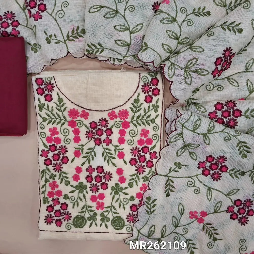 Ivory base fancy kota silk cotton unstitched salwar material, thread embroidery work on yoke( lining needed) dark maroon silk cotton bottom, rich embroidered fancy kota silk cotton dupatta with scalped borders.MR262109