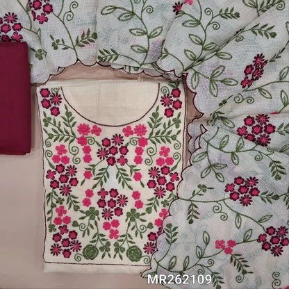Ivory base fancy kota silk cotton unstitched salwar material, thread embroidery work on yoke( lining needed) dark maroon silk cotton bottom, rich embroidered fancy kota silk cotton dupatta with scalped borders.MR262109