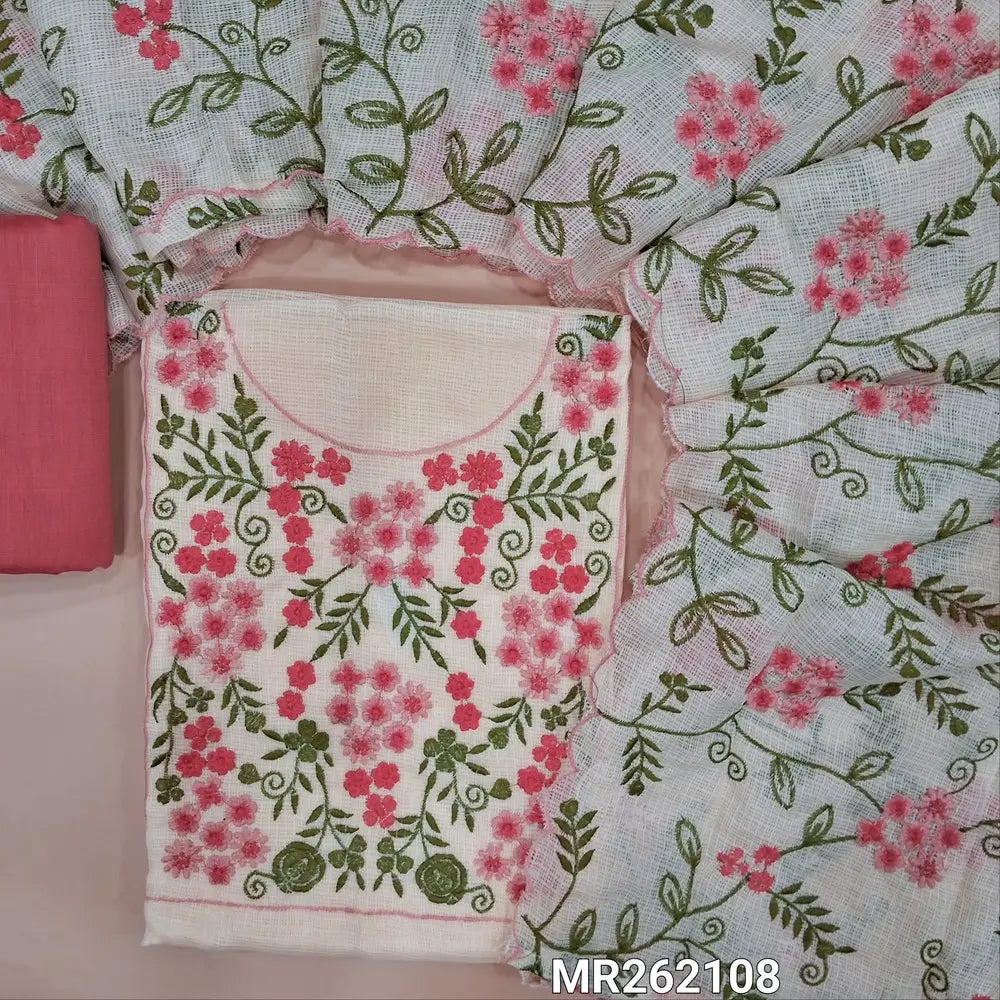 Ivory base fancy kota silk cotton unstitched salwar material, thread embroidery work on yoke( lining needed) pastel pink silk cotton bottom, rich embroidered fancy kota silk cotton dupatta with scalped borders.MR262108