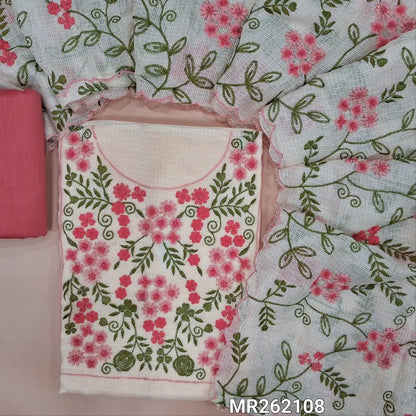 Ivory base fancy kota silk cotton unstitched salwar material, thread embroidery work on yoke( lining needed) pastel pink silk cotton bottom, rich embroidered fancy kota silk cotton dupatta with scalped borders.MR262108
