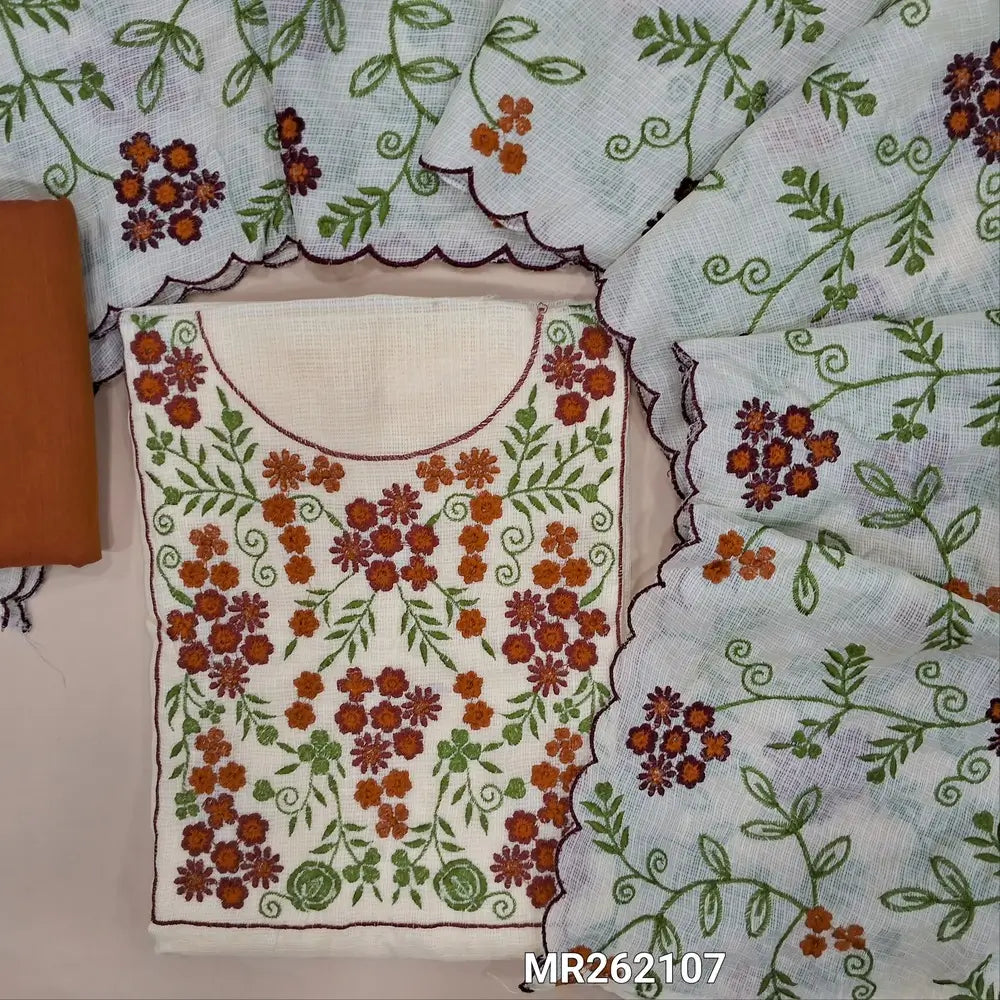 Ivory base fancy kota silk cotton unstitched salwar material, thread embroidery work on yoke( lining needed) rust orange silk cotton bottom, rich embroidered fancy kota silk cotton dupatta with scalped borders.MR262107