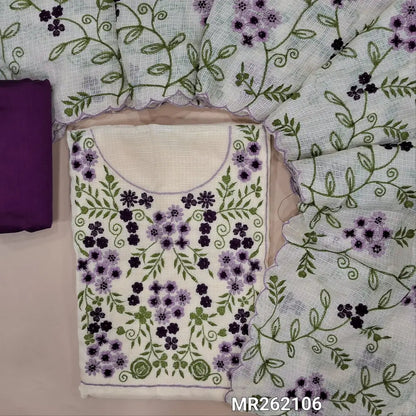 Ivory base fancy kota silk cotton unstitched salwar material, thread embroidery work on yoke( lining needed) dark purple silk cotton bottom, rich embroidered fancy kota silk cotton dupatta with scalped borders.MR262106