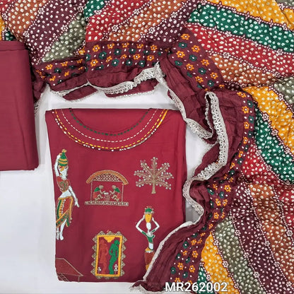 Dark pink liquid fabric unstitched salwar material(Lining optional)round neck,embroidery and kantha on yoke, liquid fabric bottom,multicolor crinkled fancy silk cotton dupatta with lace tapings. MR262002