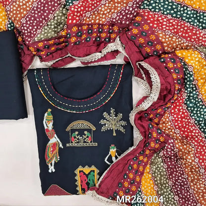 Black liquid fabric unstitched salwar material(Lining optional)round neck,embroidery and kantha on yoke, liquid fabric bottom,multicolor crinkled fancy silk cotton dupatta with lace tapings. MR262004