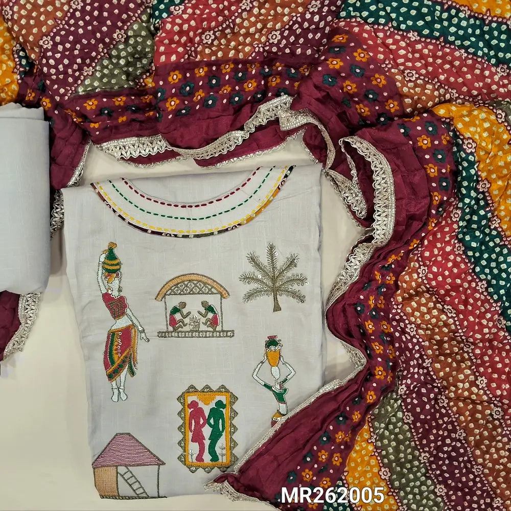 Beige liquid fabric unstitched salwar material(Lining optional)round neck,embroidery and kantha on yoke, liquid fabric bottom,multicolor crinkled fancy silk cotton dupatta with lace tapings. MR262005