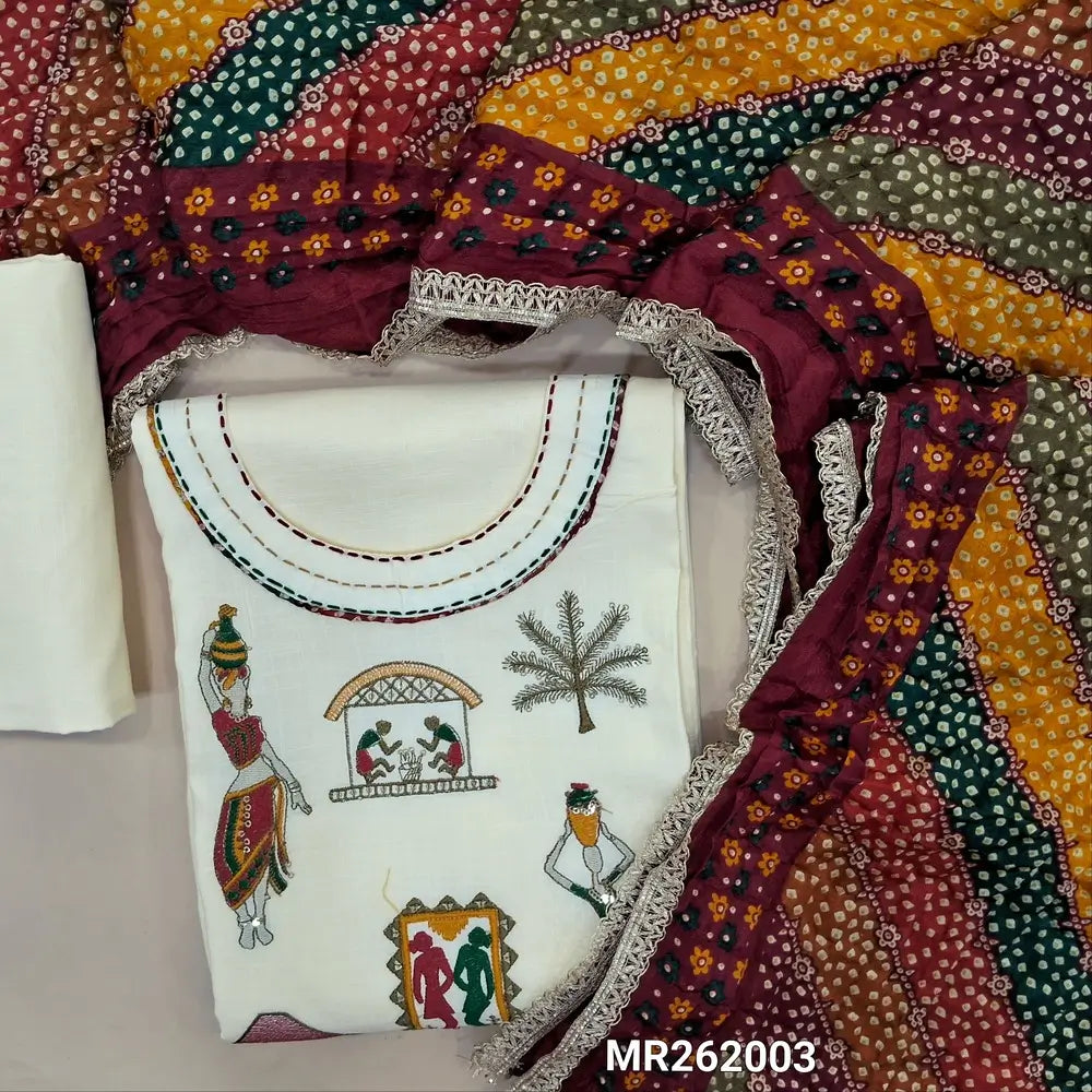 Off white liquid fabric unstitched salwar material(Lining optional)round neck,embroidery and kantha on yoke, liquid fabric bottom,multicolor crinkled fancy silk cotton dupatta with lace tapings. MR262003