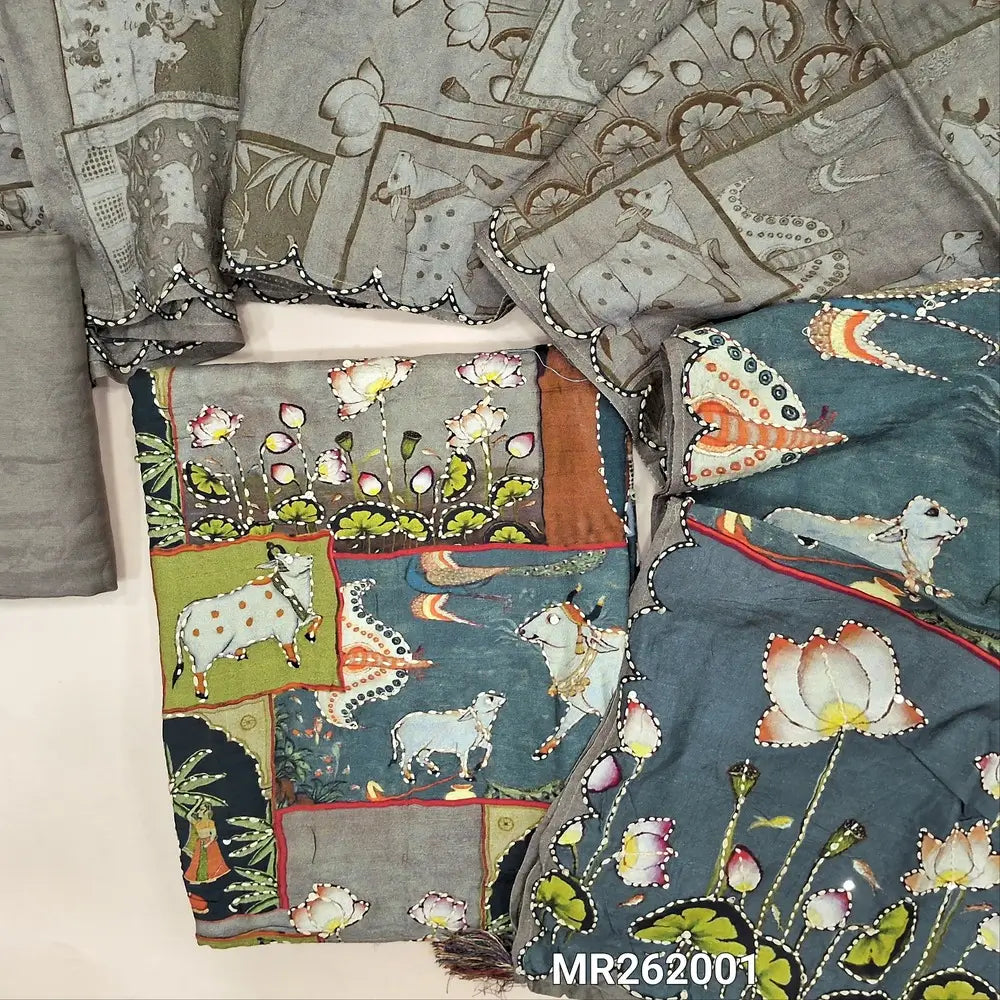 Multi color printed pure jakard dola silk unstitched salwar material, digital print and hand embroidered on front(lining needed)grey santoon bottom, printed pure jakard dola silk dupatta with printed pallu with hand embroidery. MR262001