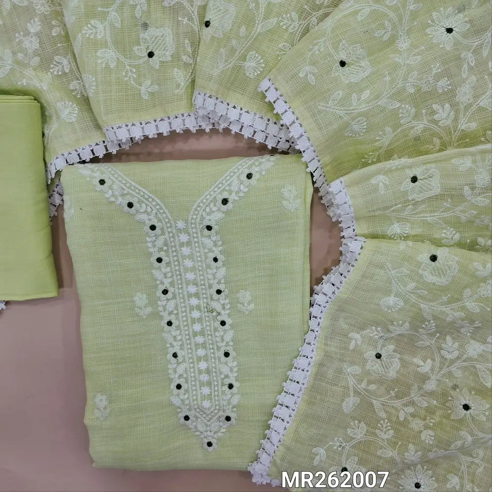 Pastel green premium kota unstitched salwar material, embroidery work on yoke and front (Lining Needed) matching fabric provided for lining, NO BOTTOM, rich thread embroidery work on kota dupatta with lace tapping. MR262007