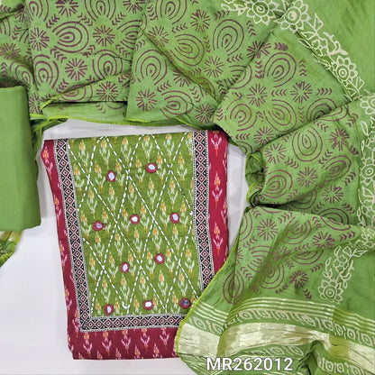 Ikat printed Reddish maroon soft cotton unstitched salwar material (lining optional) real mirror, printed on yoke, green spun cotton bottom, block printed fancy silk cotton dupatta with tissue border pallu. MR262012