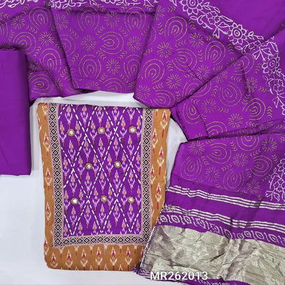 Ikat printed light brown soft cotton unstitched salwar material (lining optional) real mirror, printed on yoke, purple spun cotton bottom, block printed fancy silk cotton dupatta with tissue border pallu. MR262013