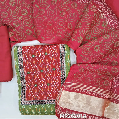 Ikat printed green soft cotton unstitched salwar material (lining optional) real mirror, printed on yoke, reddish maroon spun cotton bottom, block printed fancy silk cotton dupatta with tissue border pallu. MR262014