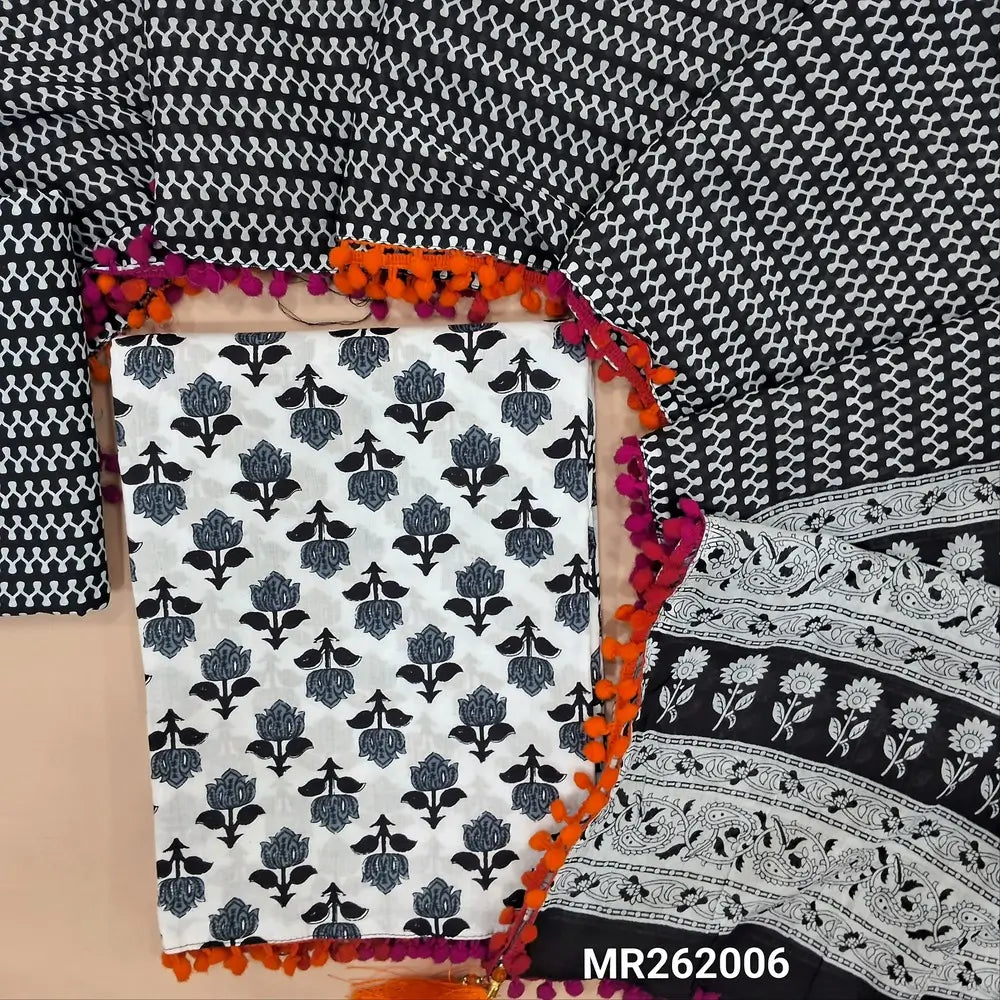 White base hand block printed soft cotton unstitched salwar material, pompom taping on daman,( soft,lining needed) printed cotton bottom,hand block printed full length mul cotton dupatta with pompom tapping. MR262006
