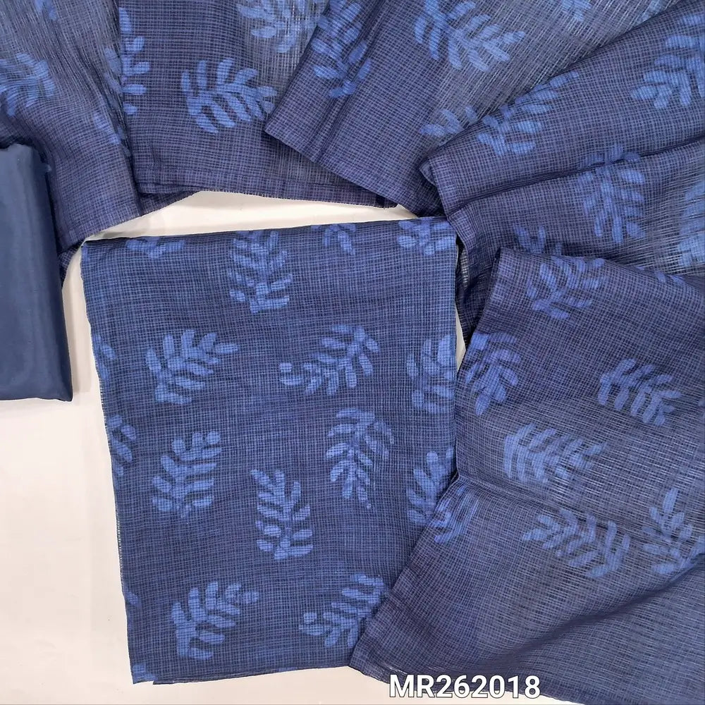 Dark blue printed fancy kota silk cotton unstitched salwar material,(thin fabric, lining needed)silky bottom, printed kota silk cotton dupatta. MR262018