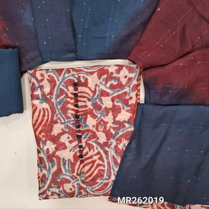 Maroon base digital printed fancy silk cotton unstitched salwar material,potli buttons on yoke,(lining needed) dark blue cotton bottom, sequins work on dual shaded fancy silk cotton dupatta. MR262019