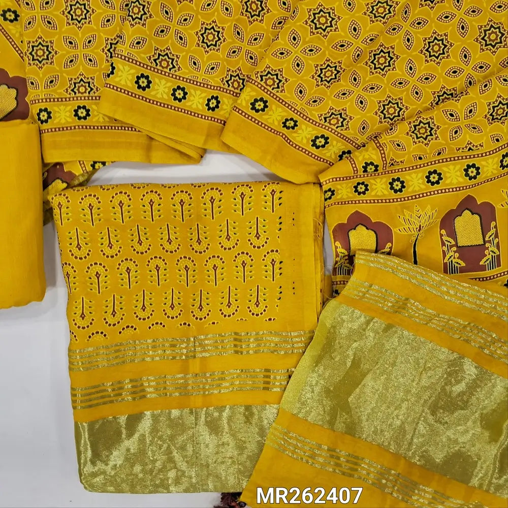 Mehandhi yellow ajrak printed taspa silk unstitched salwar material(lining needed) tissue borders on daman, matching cotton bottom, ajrak printed taspa silk dupatta with tissue pallu (TAPING NEEDED) MR262407