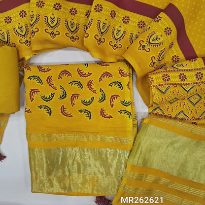 Bright mehandhi yellow printed taspa silk unstitched salwar material(lining needed) tissue borders on daman, matching cotton bottom, printed taspa silk dupatta with tissue pallu (TAPING NEEDED) MR262621