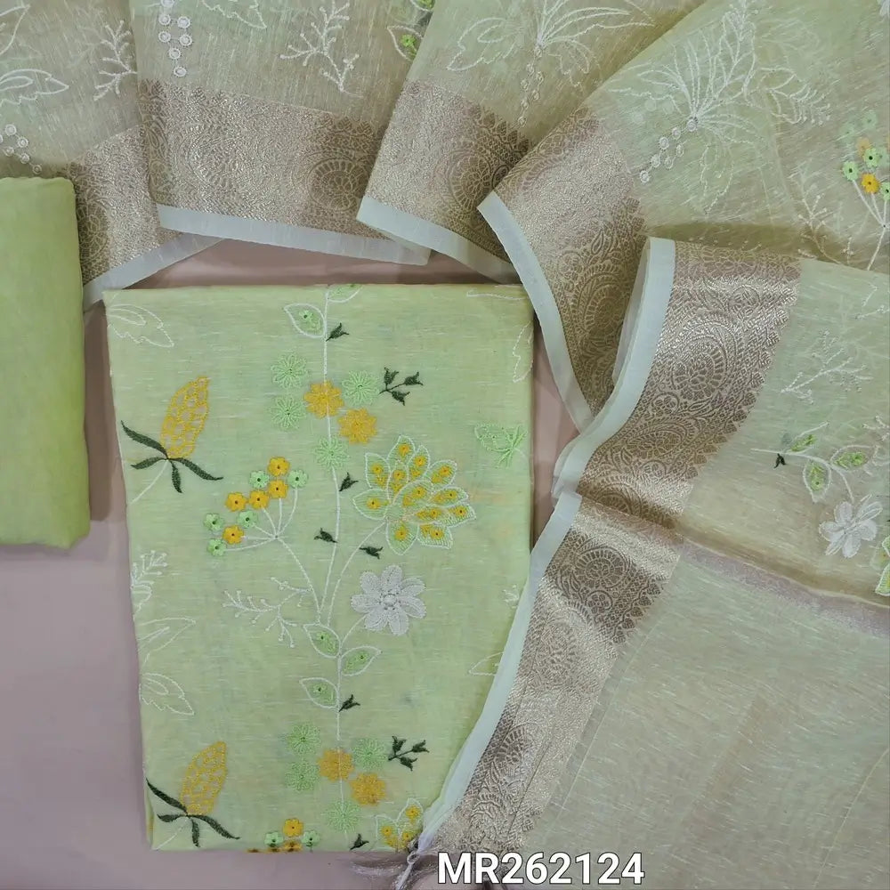 Pastel green slub silk cotton unstitched salwar material, rich embroidery work on front ( lining needed) matching santoon bottom, embroidery work on slub silk cotton dupatta with benarasi zari woven borders.MR262124