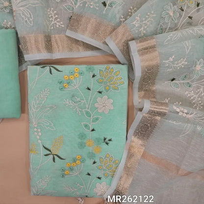 Pastel blue slub silk cotton unstitched salwar material, rich embroidery work on front ( lining needed) matching santoon bottom, embroidery work on slub silk cotton dupatta with benarasi zari woven borders.MR262122
