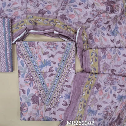 Lavender printed soft cotton unstitched salwar material, v neck with french knot and faux mirror (lining needed)printed cotton bottom, floral printed crinkled mul cotton dupatta. MR262302