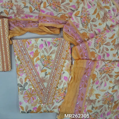Pastel yellow printed soft cotton unstitched salwar material, v neck with french knot and faux mirror (lining needed)printed cotton bottom, floral printed crinkled mul cotton dupatta. MR262305