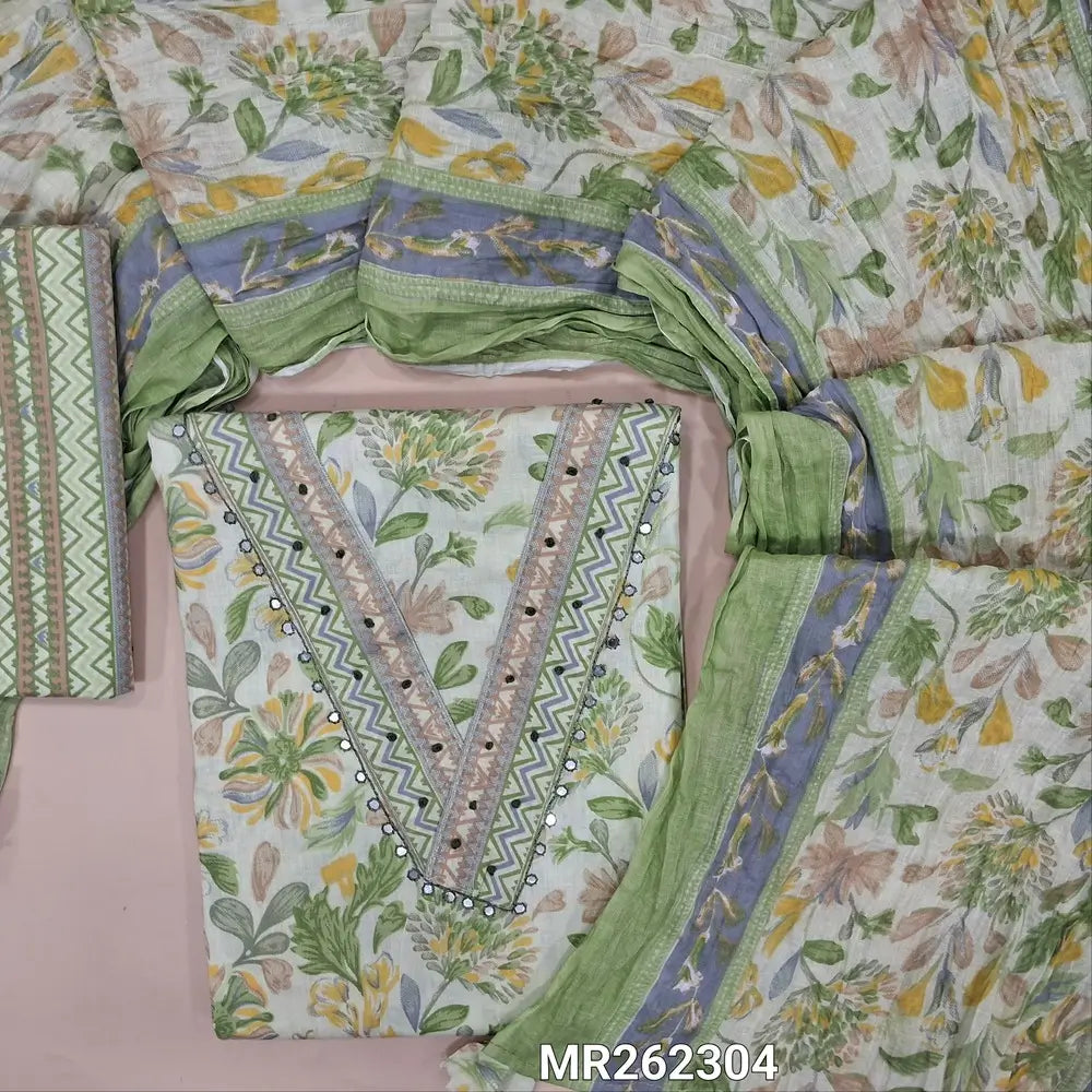 Pastel green printed soft cotton unstitched salwar material, v neck with french knot and faux mirror (lining needed)printed cotton bottom, floral printed crinkled mul cotton dupatta. MR262304