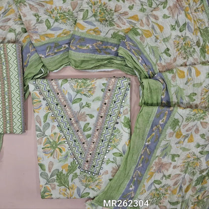 Pastel green printed soft cotton unstitched salwar material, v neck with french knot and faux mirror (lining needed)printed cotton bottom, floral printed crinkled mul cotton dupatta. MR262304
