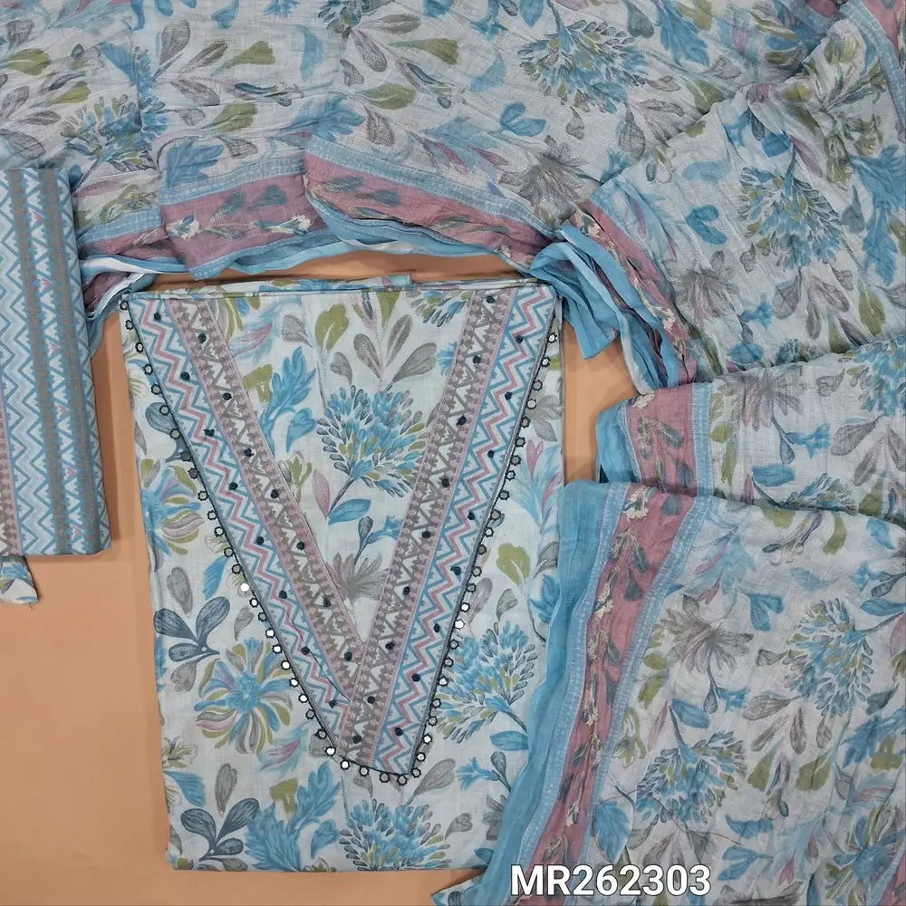 Pastel blue printed soft cotton unstitched salwar material, v neck with french knot and faux mirror (lining needed)printed cotton bottom, floral printed crinkled mul cotton dupatta. MR262303