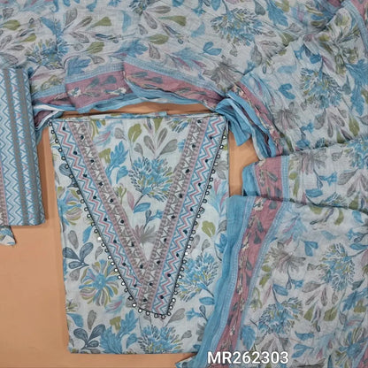 Pastel blue printed soft cotton unstitched salwar material, v neck with french knot and faux mirror (lining needed)printed cotton bottom, floral printed crinkled mul cotton dupatta. MR262303