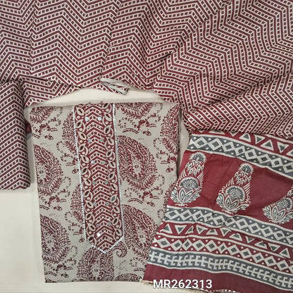 Light beige base printed pure soft cotton unstitched salwar material,sequins work on yoke(lining optional)printed cotton bottom, printed full length mul cotton dupatta. MR262313