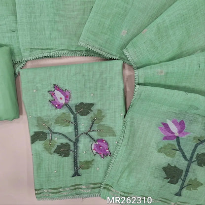 Pastel green jamdani woven premium silk cotton unstitched salwar material,weaving design with cut bead, pearl bead and sugar bead on daman(lining needed) matching cotton bottom, jamdani woven full length silk cotton dupatta with lace tapping. MR262310