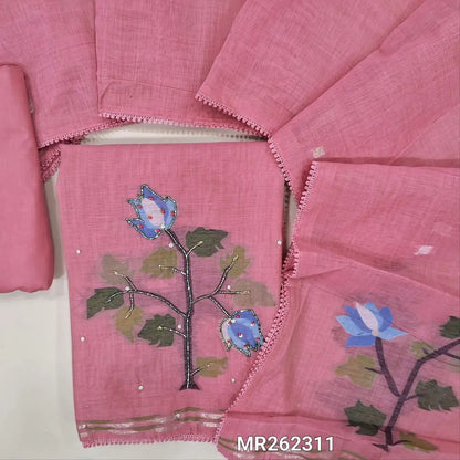 Pastel pink jamdani woven premium silk cotton unstitched salwar material,weaving design with cut bead, pearl bead and sugar bead on daman(lining needed) matching cotton bottom, jamdani woven full length silk cotton dupatta with lace tapping. MR262311