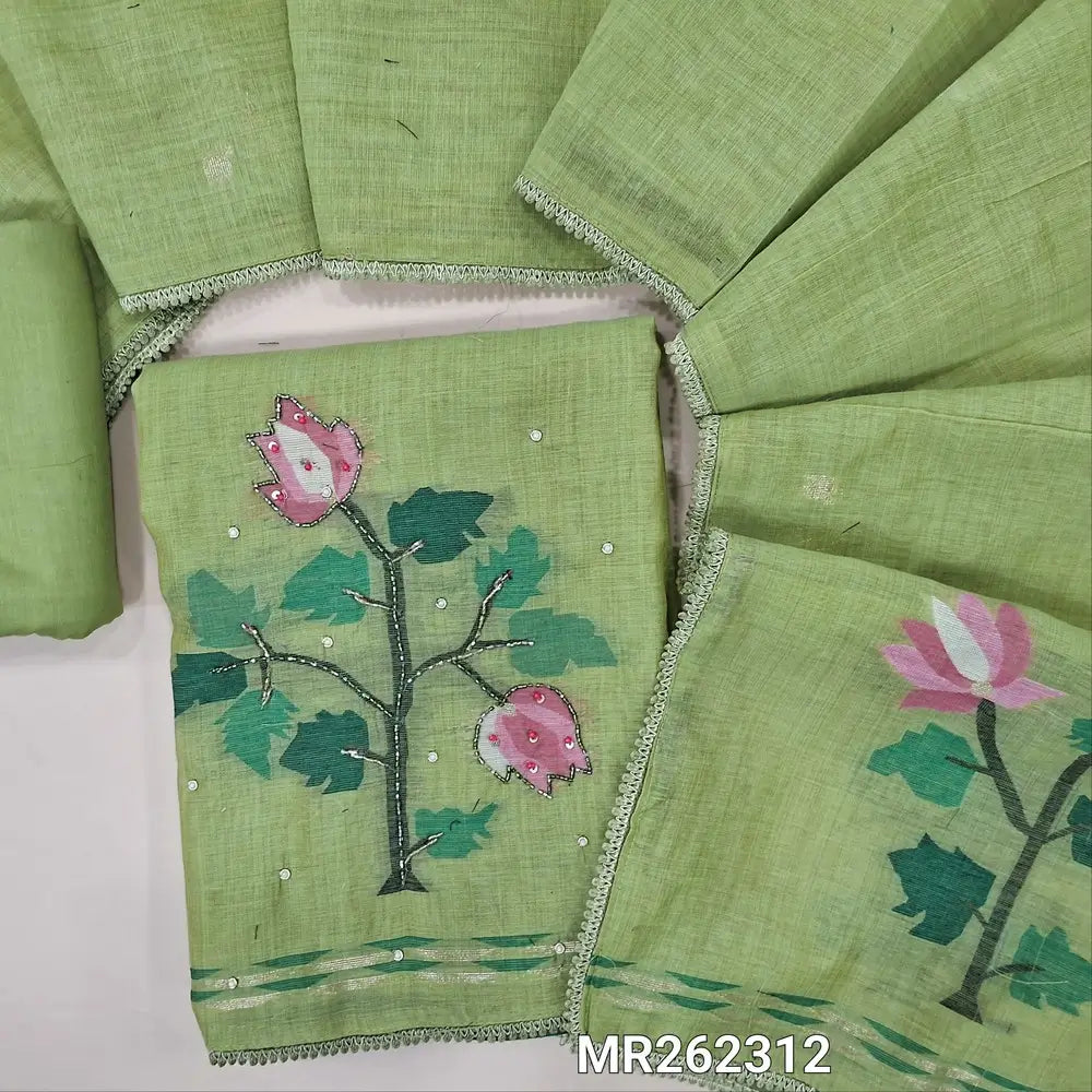Light green jamdani woven premium silk cotton unstitched salwar material,weaving design with cut bead, pearl bead and sugar bead on daman(lining needed) matching cotton bottom, jamdani woven full length silk cotton dupatta with lace tapping. MR262312