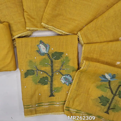 Mehandhi yellow jamdani woven premium silk cotton unstitched salwar material,weaving design with cut bead, pearl bead and sugar bead on daman(lining needed) matching cotton bottom, jamdani woven full length silk cotton dupatta with lace tapping. MR262309