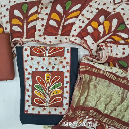 Black silk cotton unstitched salwar material, multicoloured batik yoke with french knot and faux mirror (lining needed)maroon spun cotton bottom, multicoloured batik design on soft silk cotton with tissue pallu. MR262315