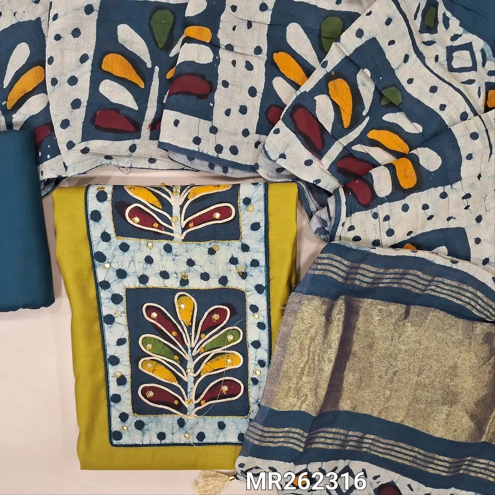 Mehandhi green silk cotton unstitched salwar material, multicoloured batik yoke with french knot and faux mirror (lining needed)dark blue spun cotton bottom, multicoloured batik design on soft silk cotton with tissue pallu. MR262316