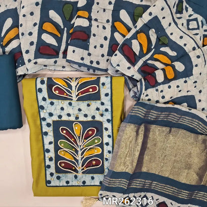 Mehandhi green silk cotton unstitched salwar material, multicoloured batik yoke with french knot and faux mirror (lining needed)dark blue spun cotton bottom, multicoloured batik design on soft silk cotton with tissue pallu. MR262316