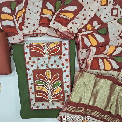 Dark olive green silk cotton unstitched salwar material, multicoloured batik yoke with french knot and faux mirror (lining needed)reddish maroon spun cotton bottom, multicoloured batik design on soft silk cotton with tissue pallu. MR262317