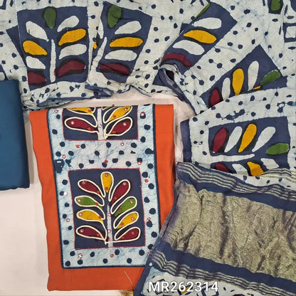 Orange silk cotton unstitched salwar material, multicoloured batik yoke with french knot and faux mirror (lining needed)blue spun cotton bottom, multicoloured batik design on soft silk cotton with tissue pallu. MR262314
