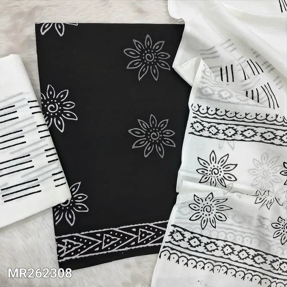 Black hand block printed pure mul cotton unstitched salwar material,(lining optional)hand block printed white cotton bottom,block printed full length mul cotton dupatta. (TAPINGS NEEDED, INCONSISTENT PRINTS ARE NOT DEFECTS) MR262308