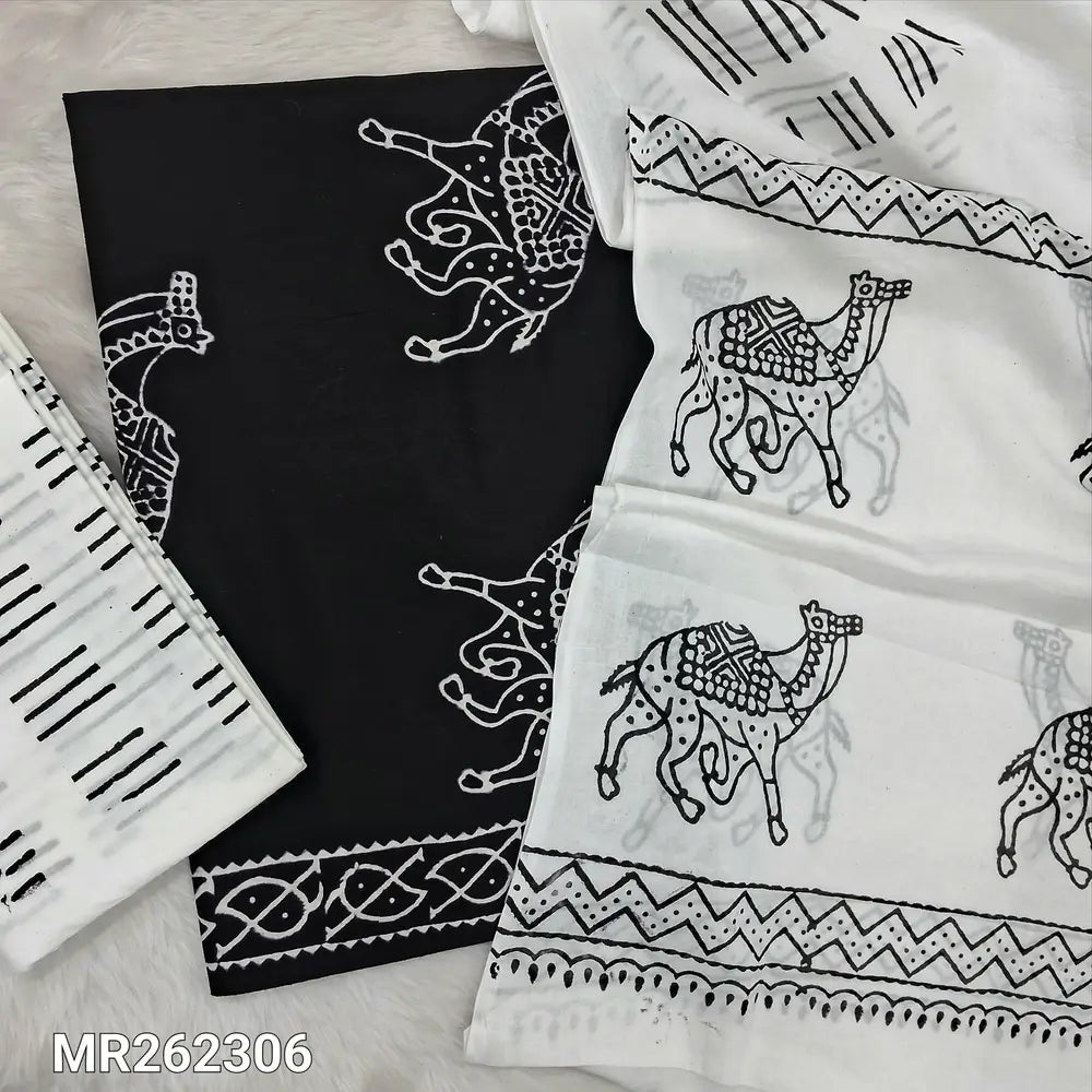 Black hand block printed pure mul cotton unstitched salwar material,(lining optional)hand block printed white cotton bottom,block printed full length mul cotton dupatta. (TAPINGS NEEDED, INCONSISTENT PRINTS ARE NOT DEFECTS) MR262306