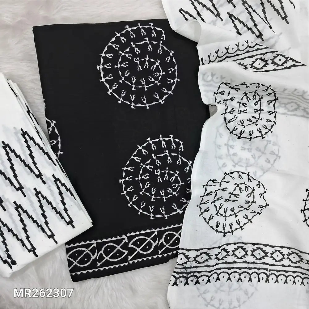 Black hand block printed pure mul cotton unstitched salwar material,(lining optional)hand block printed white cotton bottom,block printed full length mul cotton dupatta. (TAPINGS NEEDED, INCONSISTENT PRINTS ARE NOT DEFECTS) MR262307