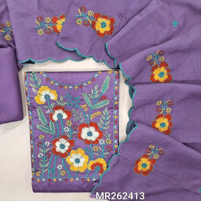 Light purple glazed cotton unstitched salwar material,thread embroidery work on yoke,(soft ,lining optional) matching cotton bottom, floral embroidery work on short width soft silk cotton dupatta with cutwork edges. MR262413