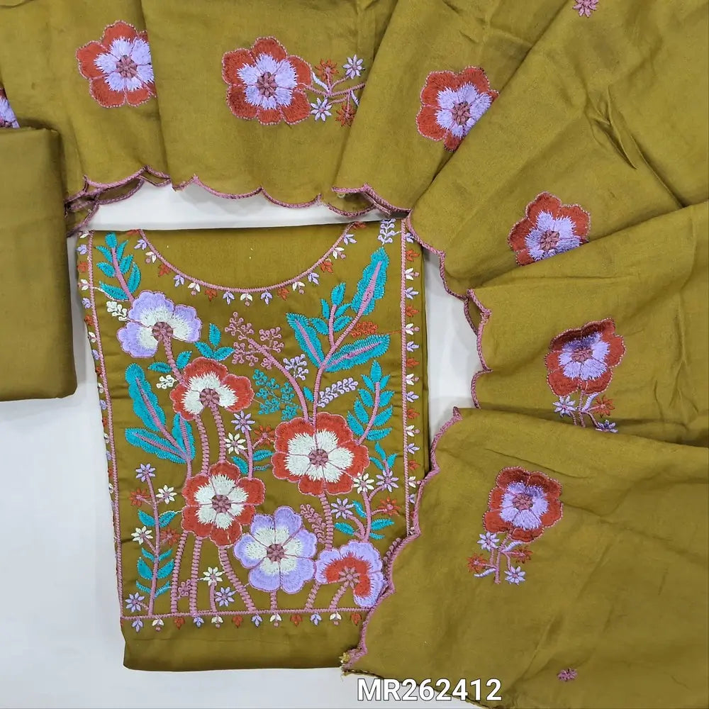 Mehandhi green glazed cotton unstitched salwar material,thread embroidery work on yoke,(soft ,lining optional) matching cotton bottom, floral embroidery work on short width soft silk cotton dupatta with cutwork edges. MR262412